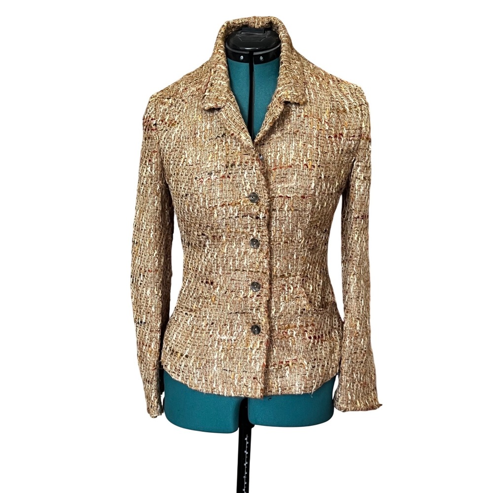 CAROLINE CHARLES LONDON Womens Tweed Blazer Jacket Gold Tan Multi Color Sz Small